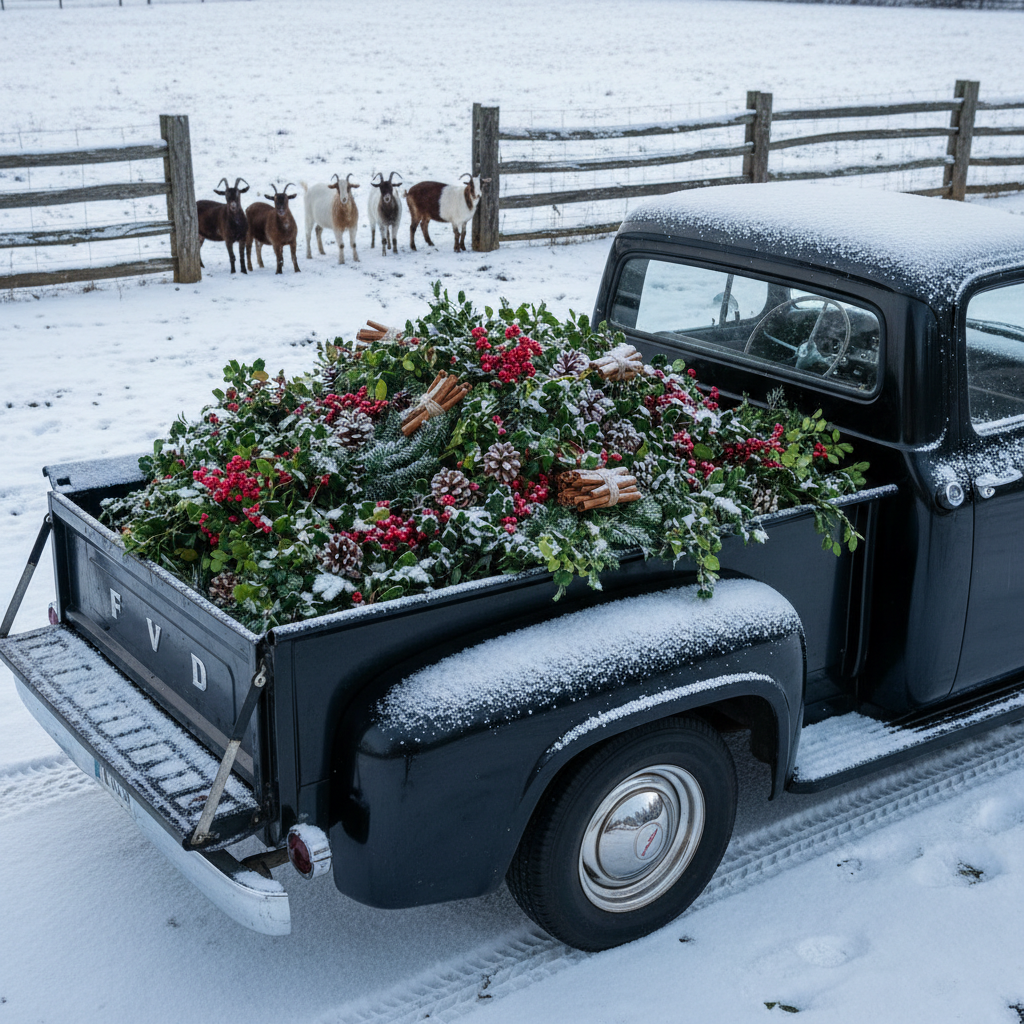 Horns & Holly - vintage black 1950s truck with tailgate down overflowing with holiday greenery and Nigerian Dwarf goats behind a wooden fence in the snow