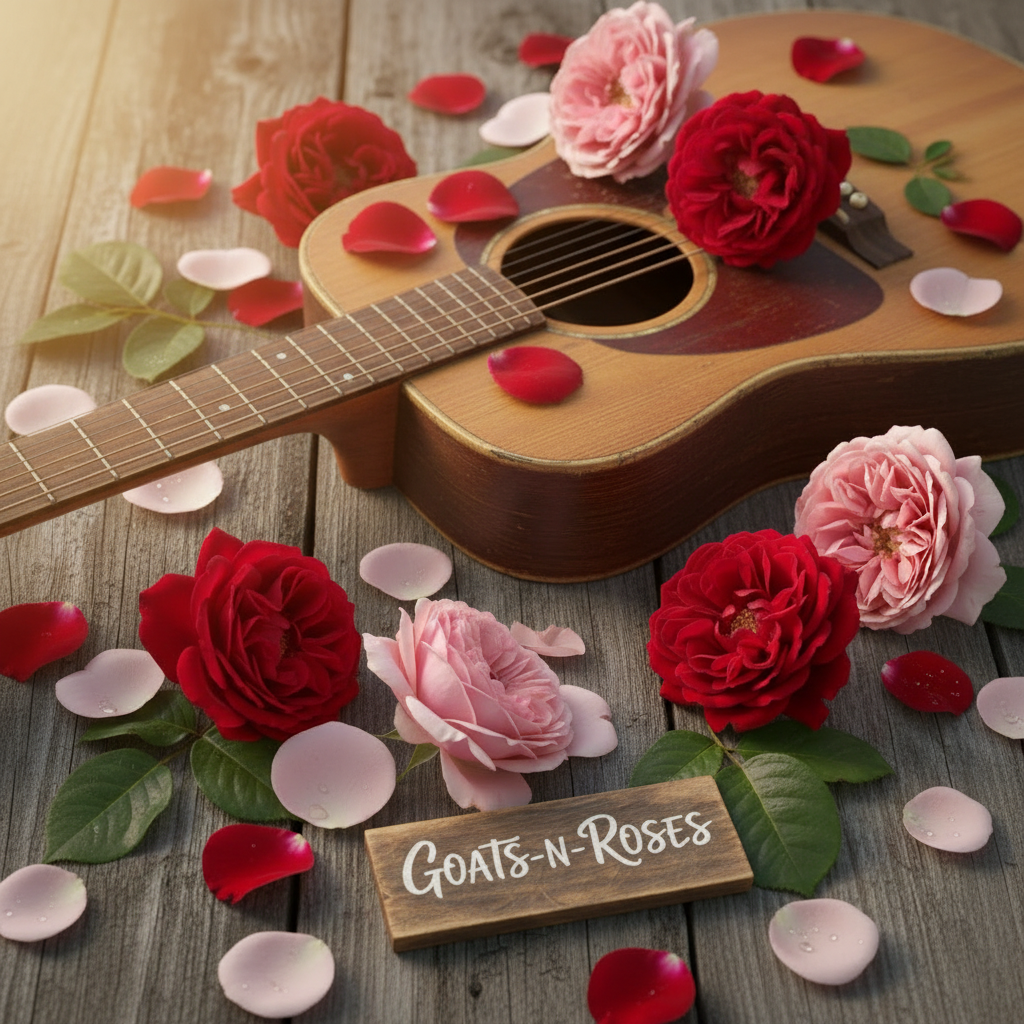 Goats-N-Roses - vintage guitar surrounded by red and pink roses on rustic wood