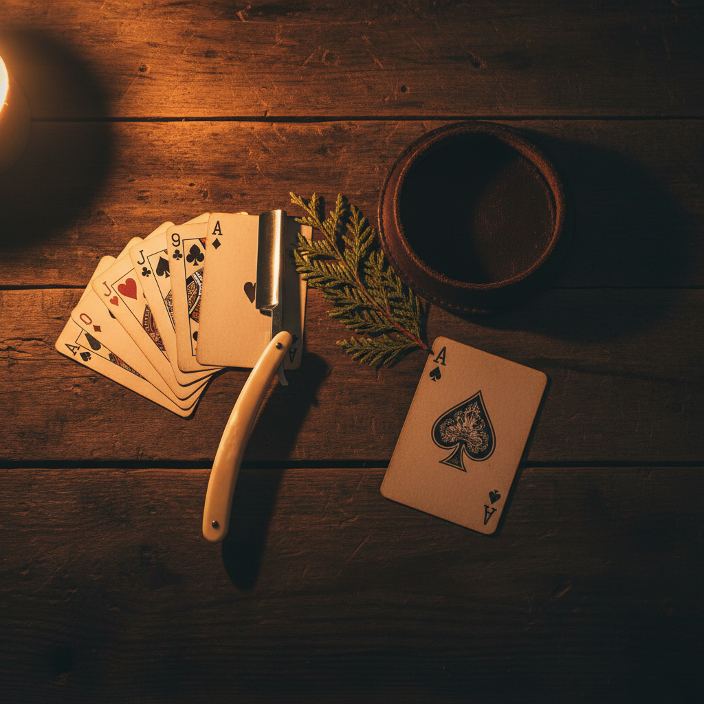 Goatee Gambler - poker cards, straight razor, cedar and leather poker chip holder by candlelight