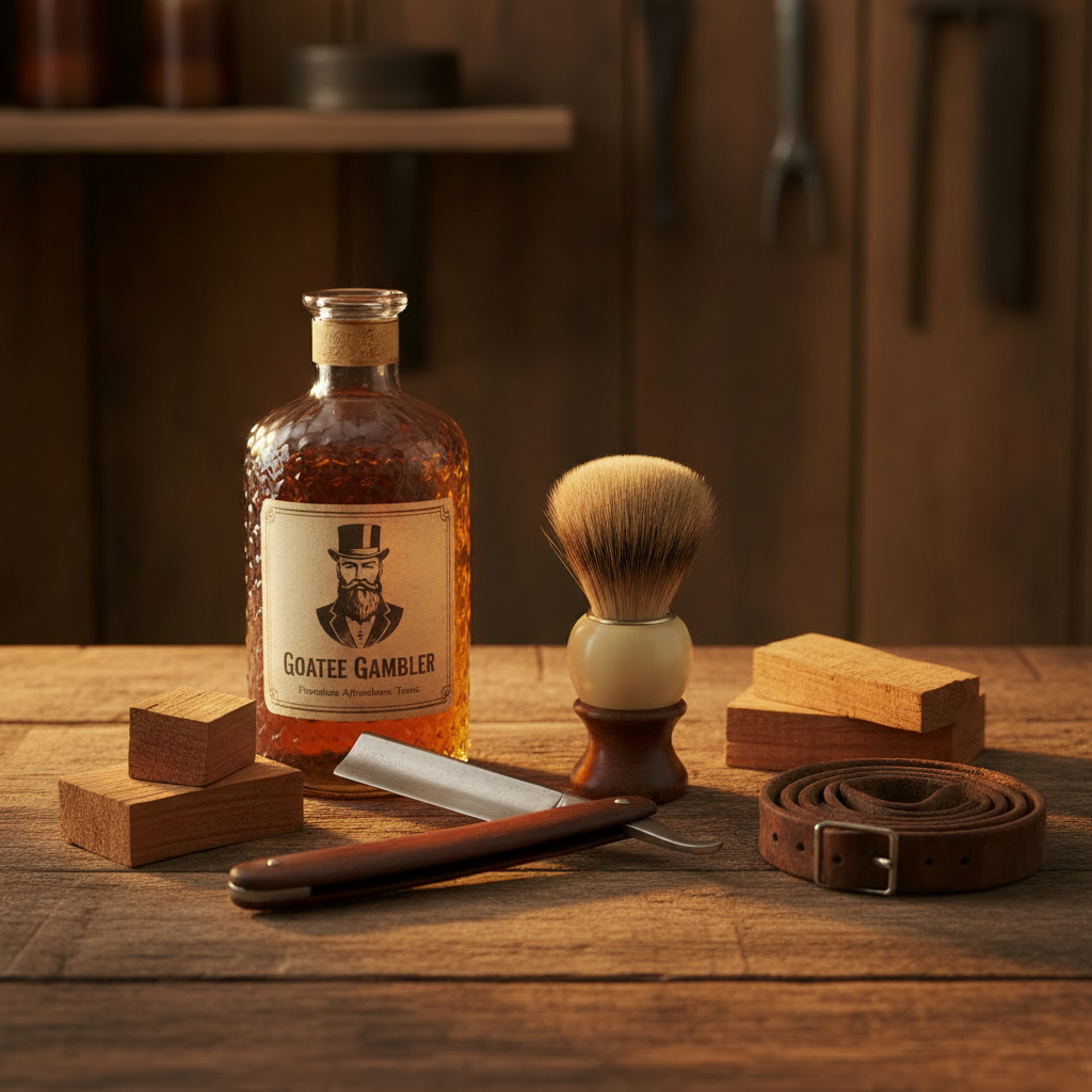 Goatee Gambler - vintage aftershave bottle, straight razor, badger brush and cedar on weathered wood in warm amber light