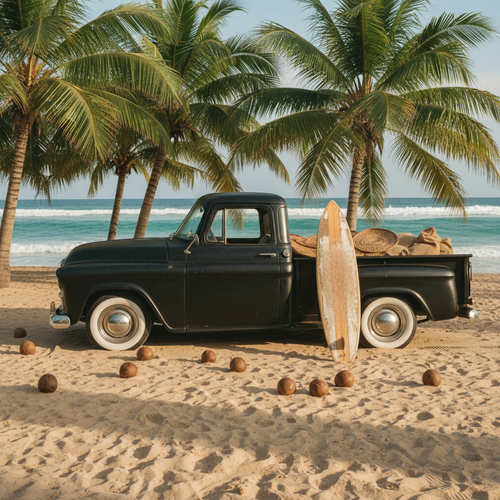 Herd the Waves - vintage black 1950s truck with surfboard on a tropical beach