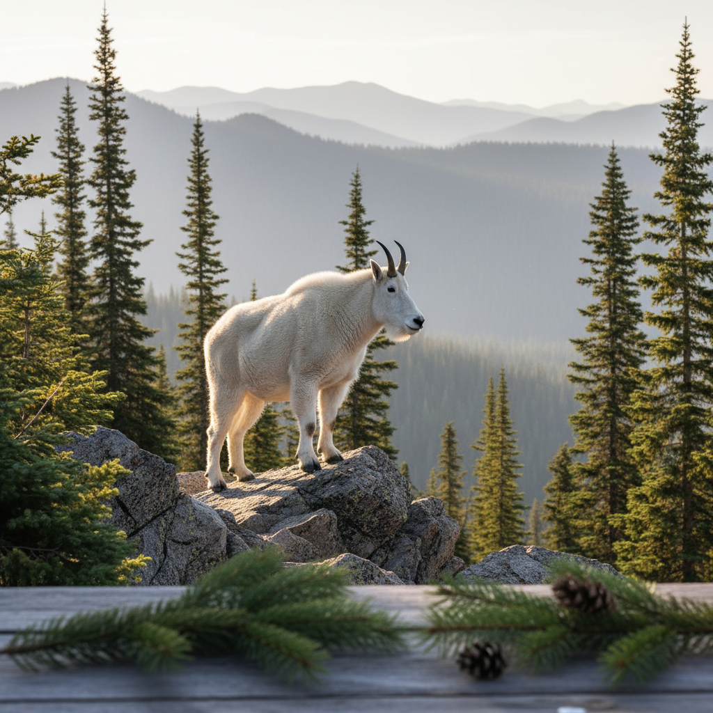 Mtn. Goat - majestic white mountain goat on rocky ledge surrounded by pine trees and golden morning light