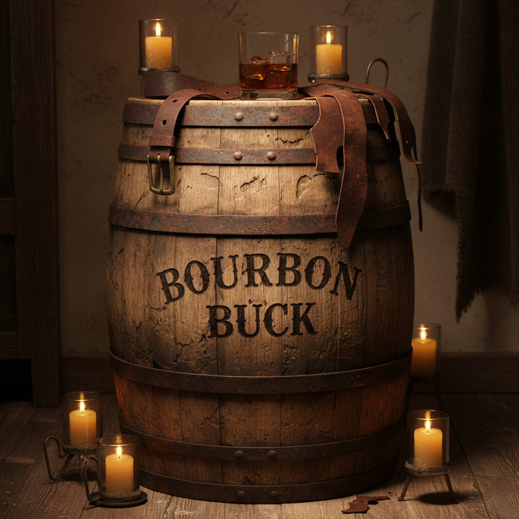 Bourbon Buck - branded whiskey barrel with glass of whiskey and worn leather