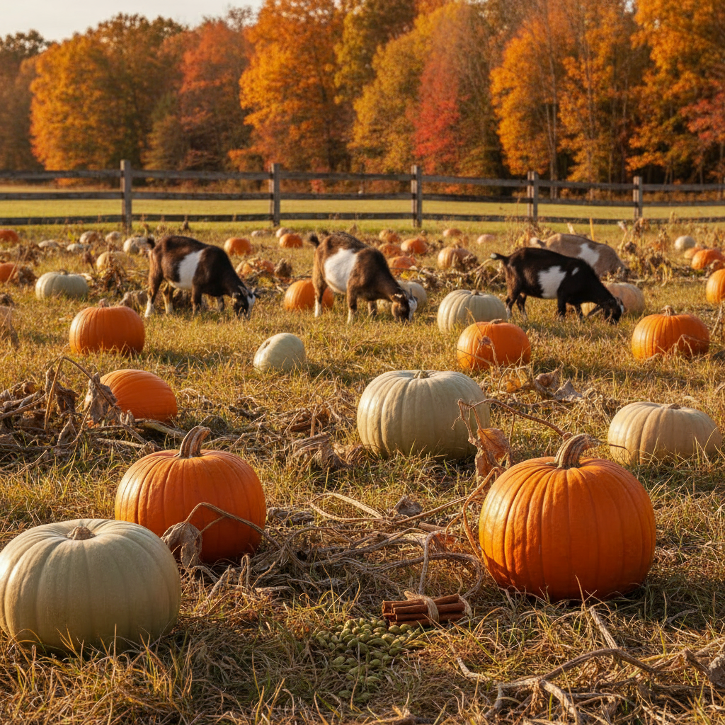Autumn Acres - rustic pumpkin patch with Nigerian Dwarf goats grazing behind a weathered fence in golden harvest light