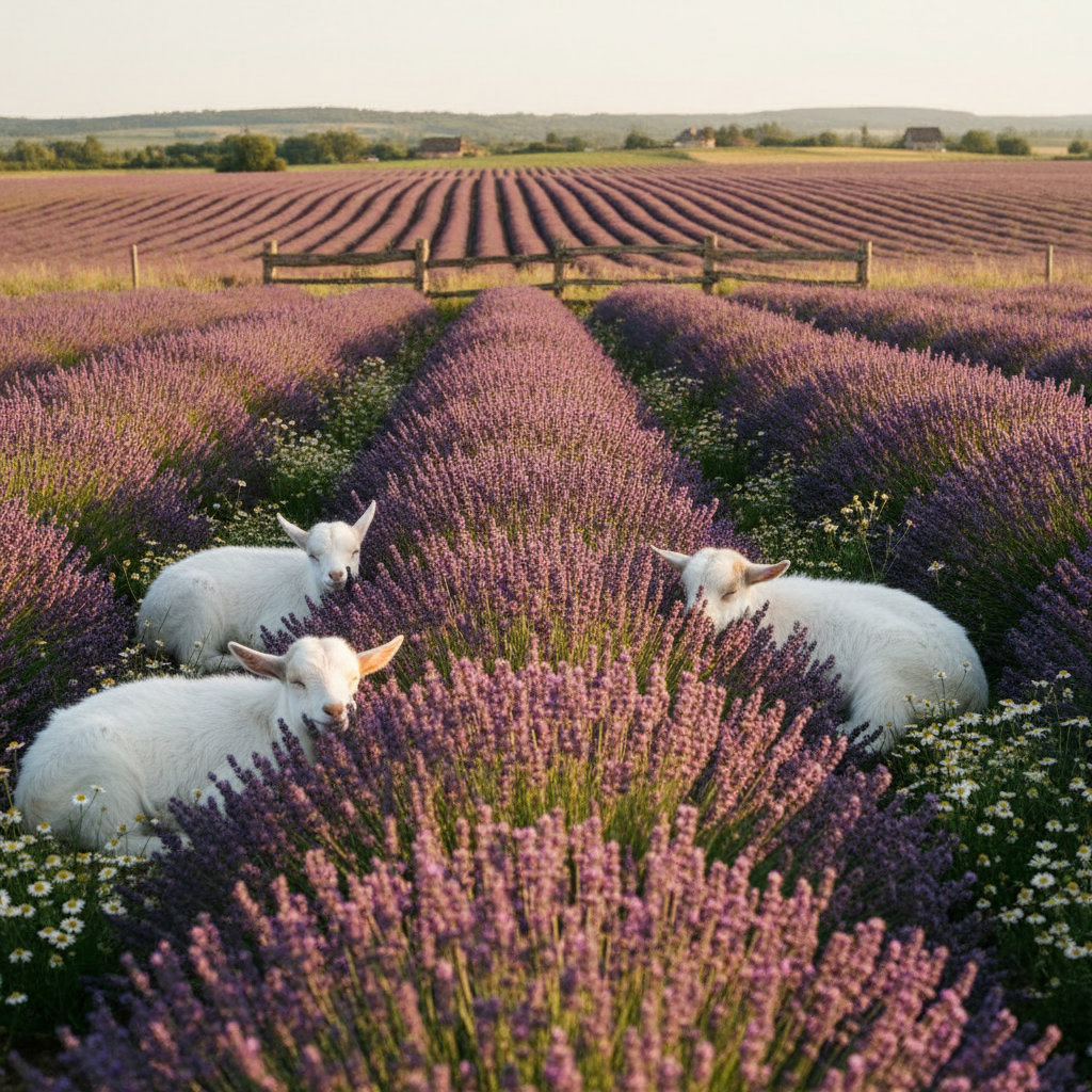 Pasture Bedtime - sleeping goats in lavender field at golden hour